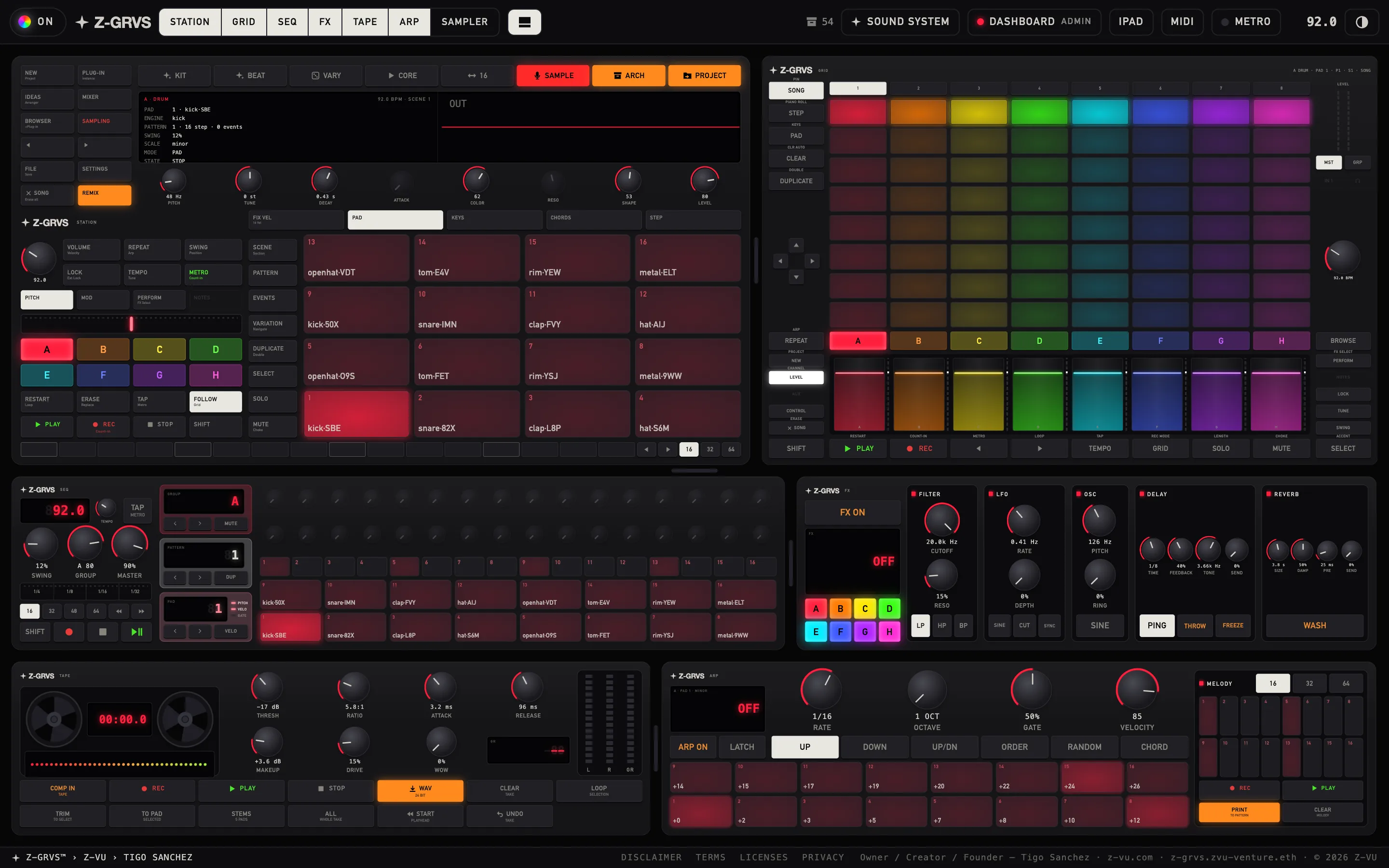 Every device of the machine open at once: STATION, GRID, SEQ, FX, TAPE and ARP