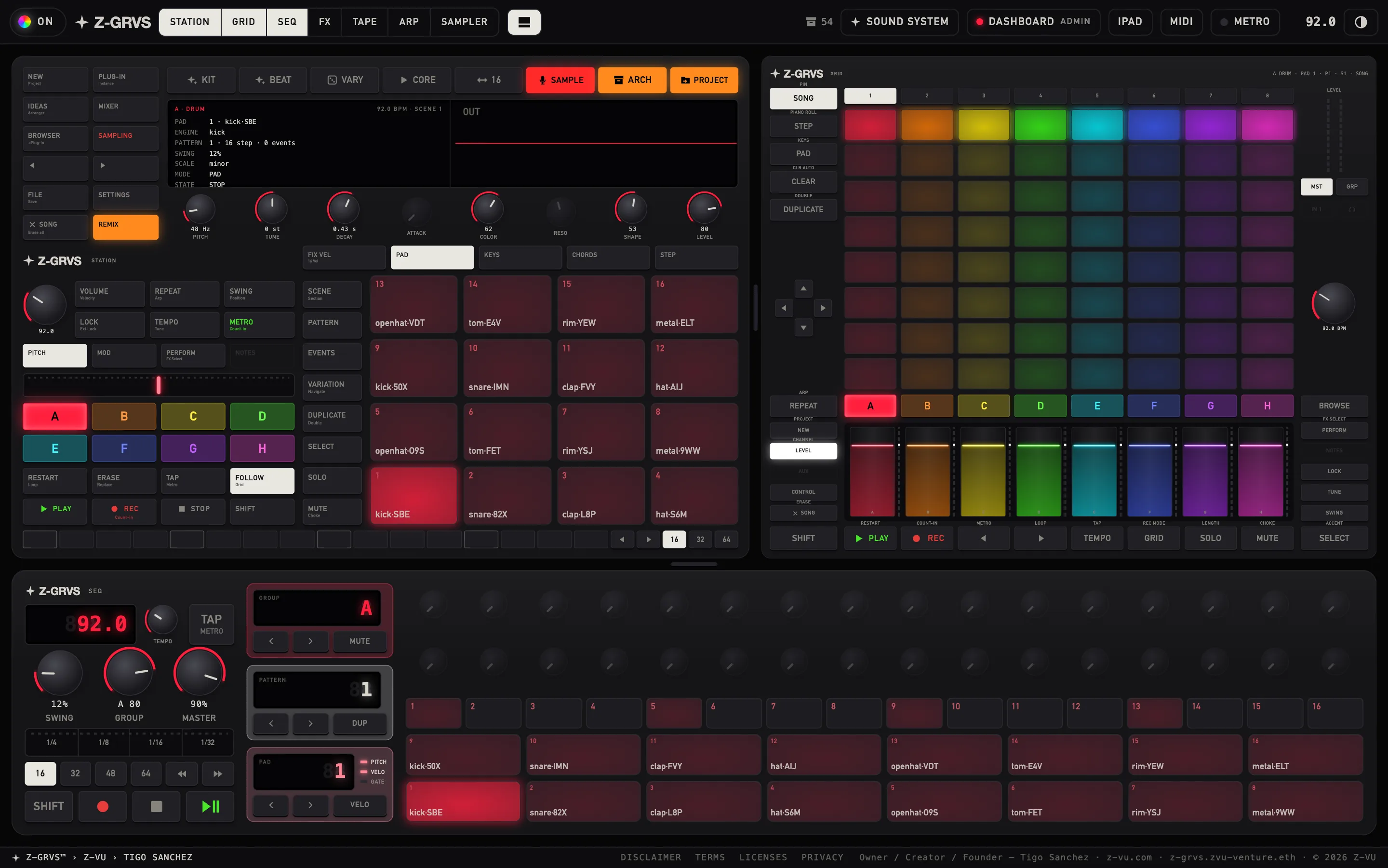 Z-GRVS MACHINE on a desktop screen: STATION and GRID lit, pads, knobs and sequencer in one frame