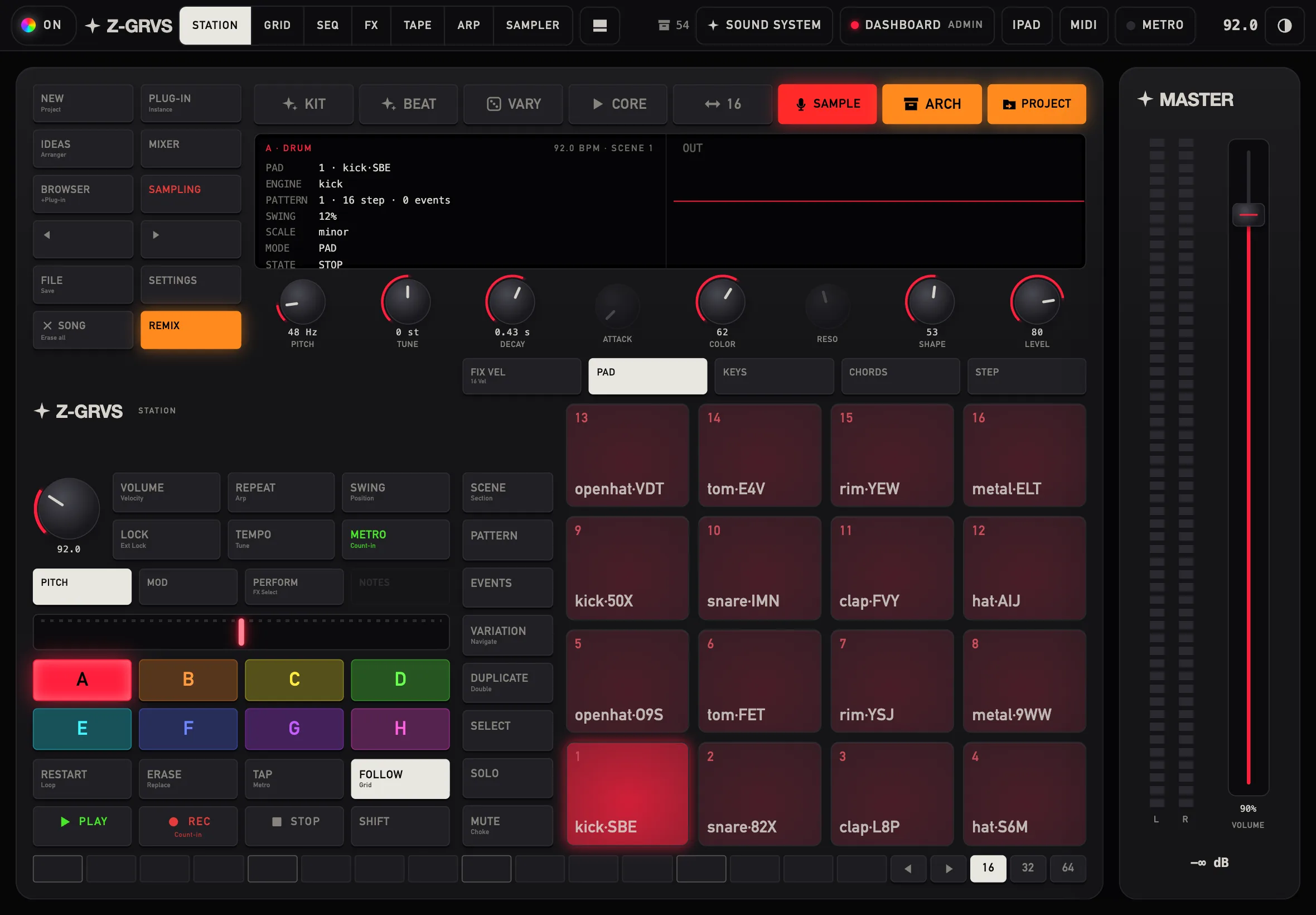 The machine on an iPad in landscape: STATION full screen with the stereo MASTER