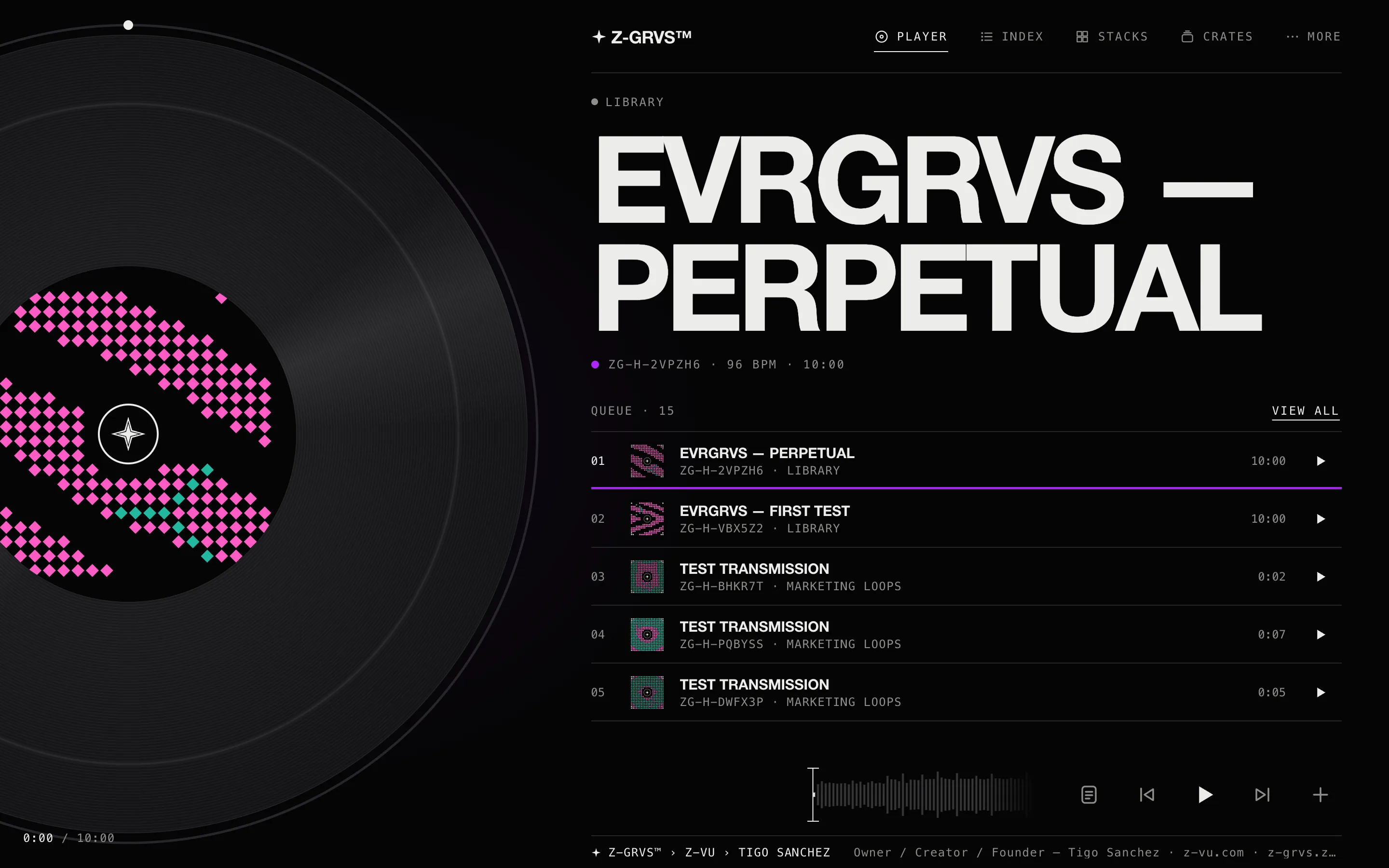 Z-GRVS SOUND SYSTEM: the player with a card on the turntable, dot covers animated, waveform and index