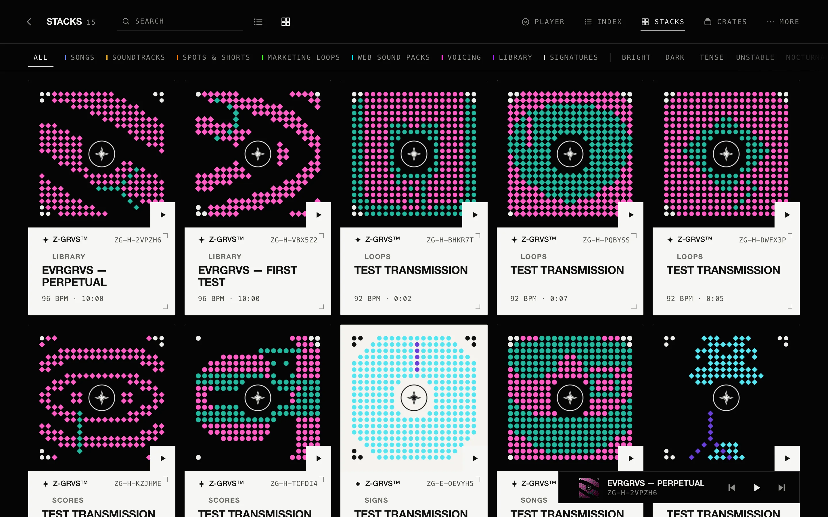 The STACKS view: a grid of dot cards, each one unique